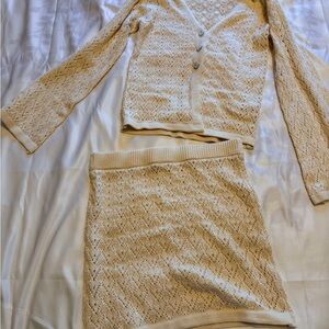 Cream Crochet Knit Cardigan & Skirt Set